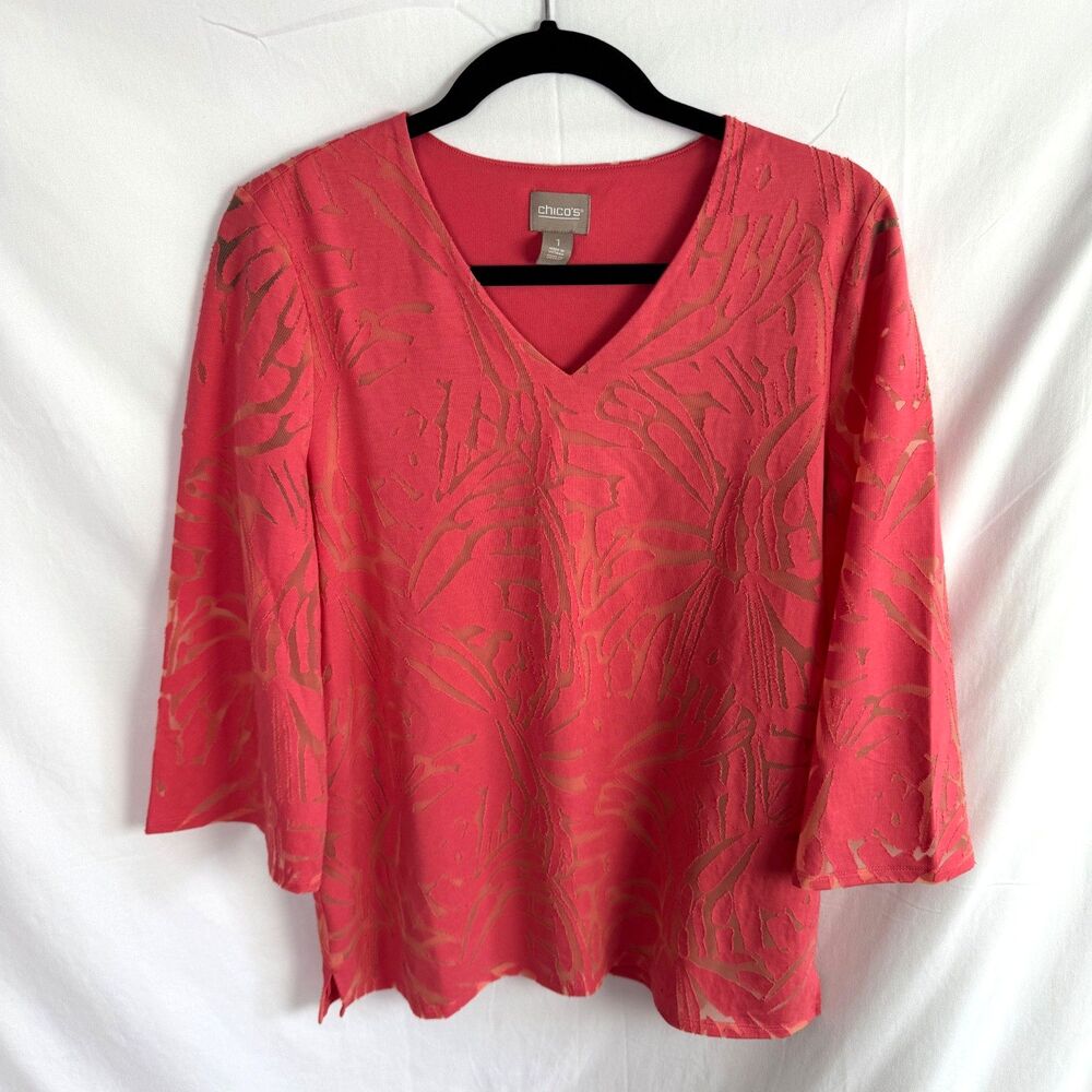 Chicos Women's Top Blouse Size 1 Medium Coral Orange Burnout Print V-Neck